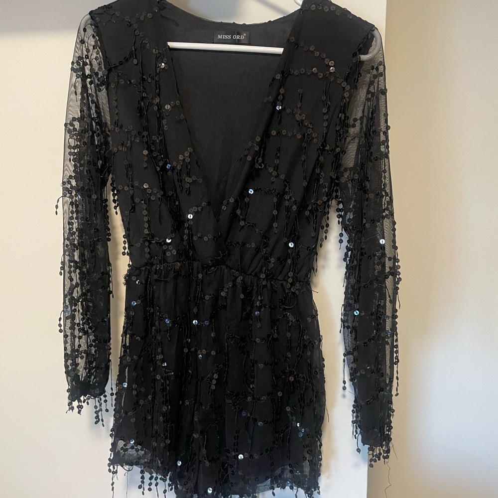 Black long sleeve sequin romper